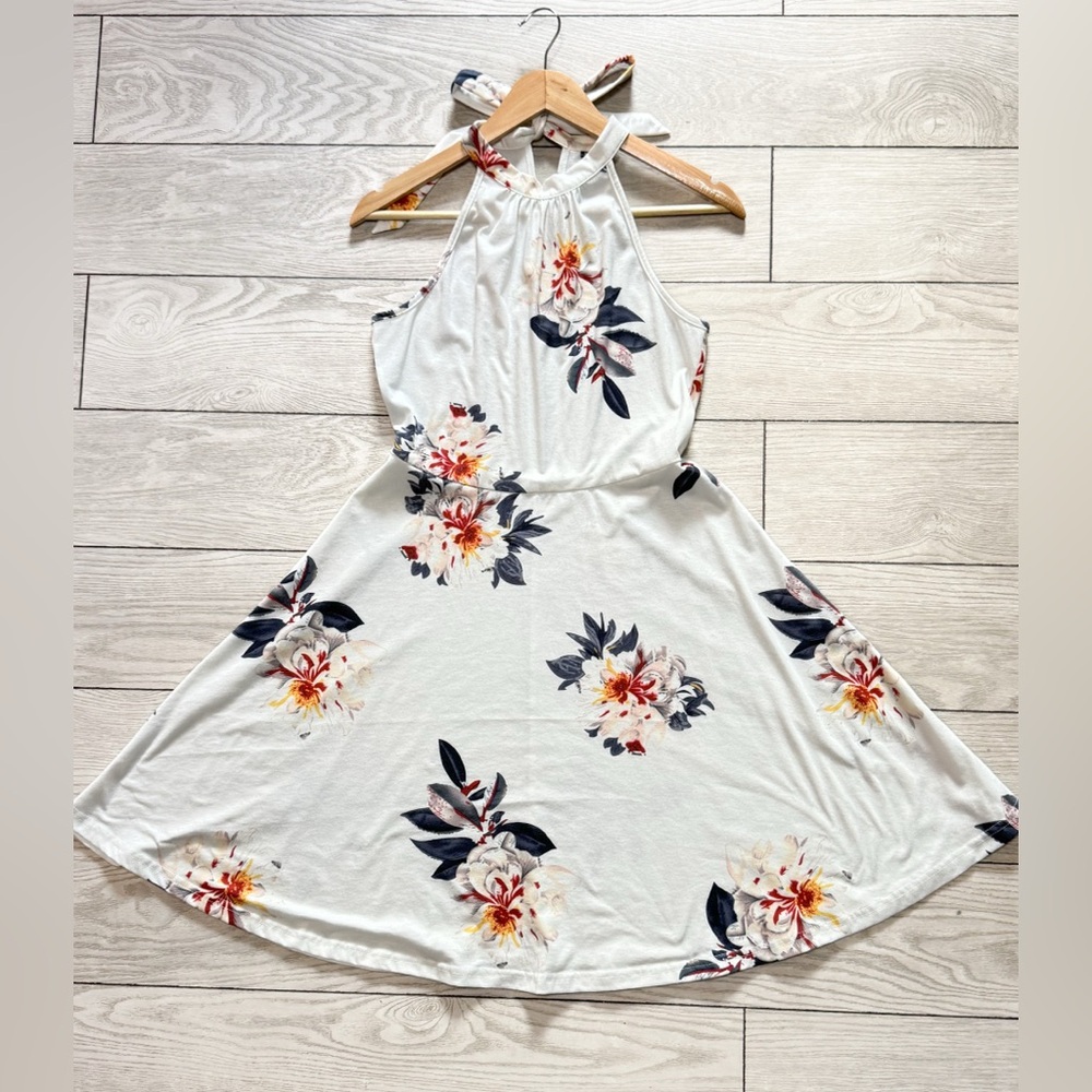 Ouges Women's Halter Neck White and Floral Summer Casual Sundress